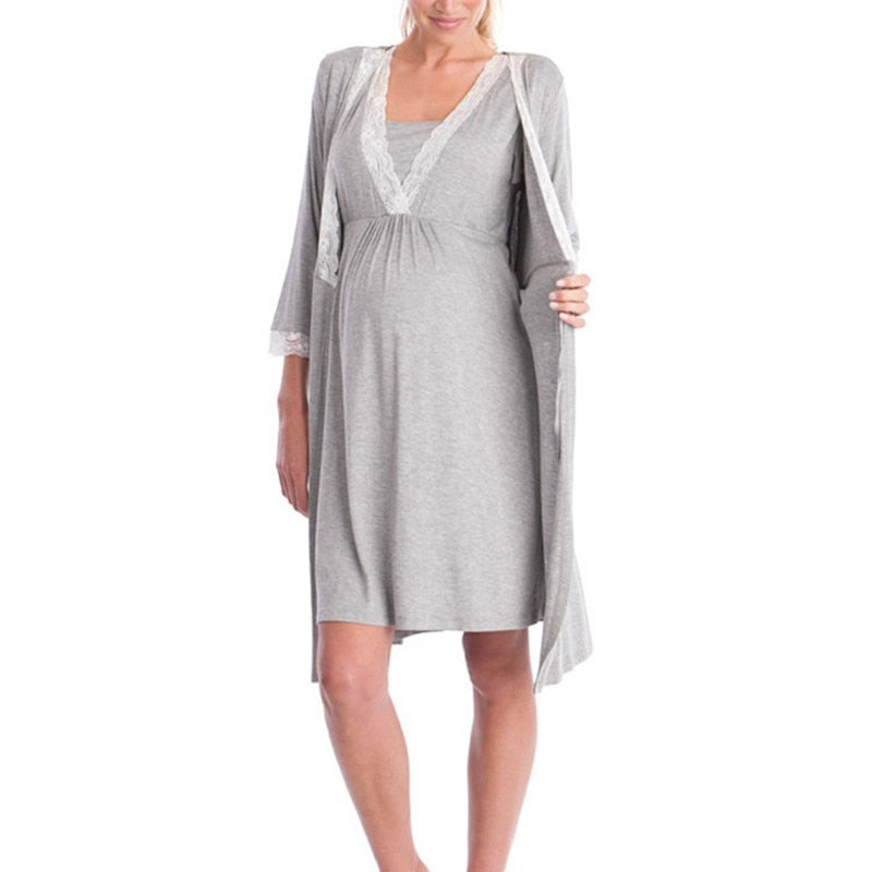 Lavender Maternity Nightdress with lace Robe and pale blue details